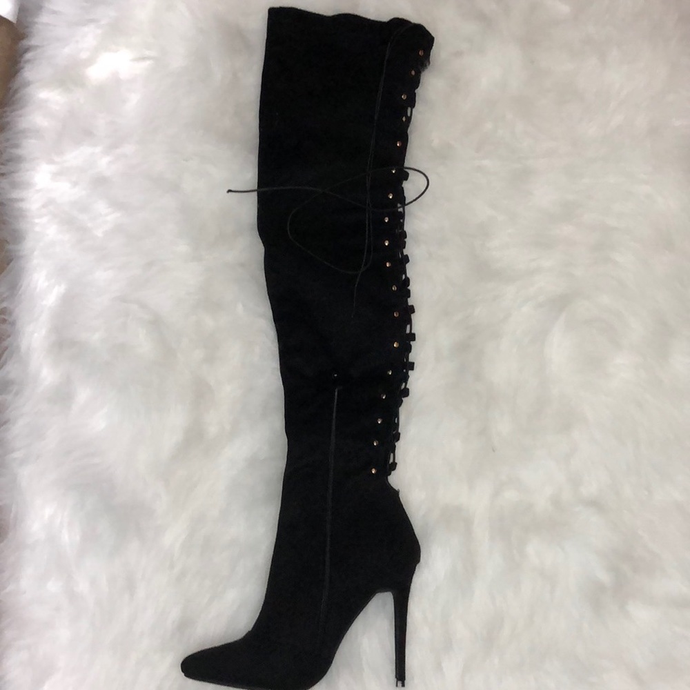 Black Suede Thigh High Laced Back Boot